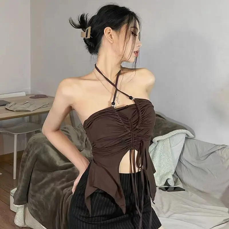

Vintage Y2K Harajuku Off Shoulder Aesthetic Camisole Sleeveless Slim Crop Vest For Women Sexy Drawstring Tank Tops
