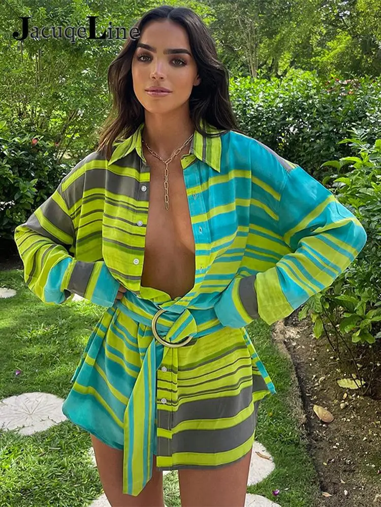 

Jacqueline 2022 Vacation Beach Striped Shirt Dress with Belt Button Cardigan Sexy V Neck Blouses Tops Summer Mini Dresses Woman