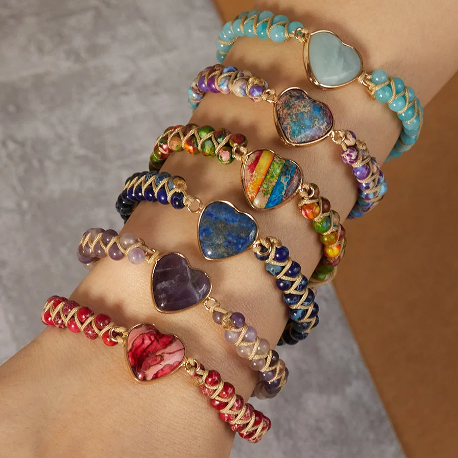 

Hand-woven Natural Stone Love Heart Bracelets for Women Men Double Layer Twisted Twine Beads Adjustable Rope Yoga Bracelet Gifts
