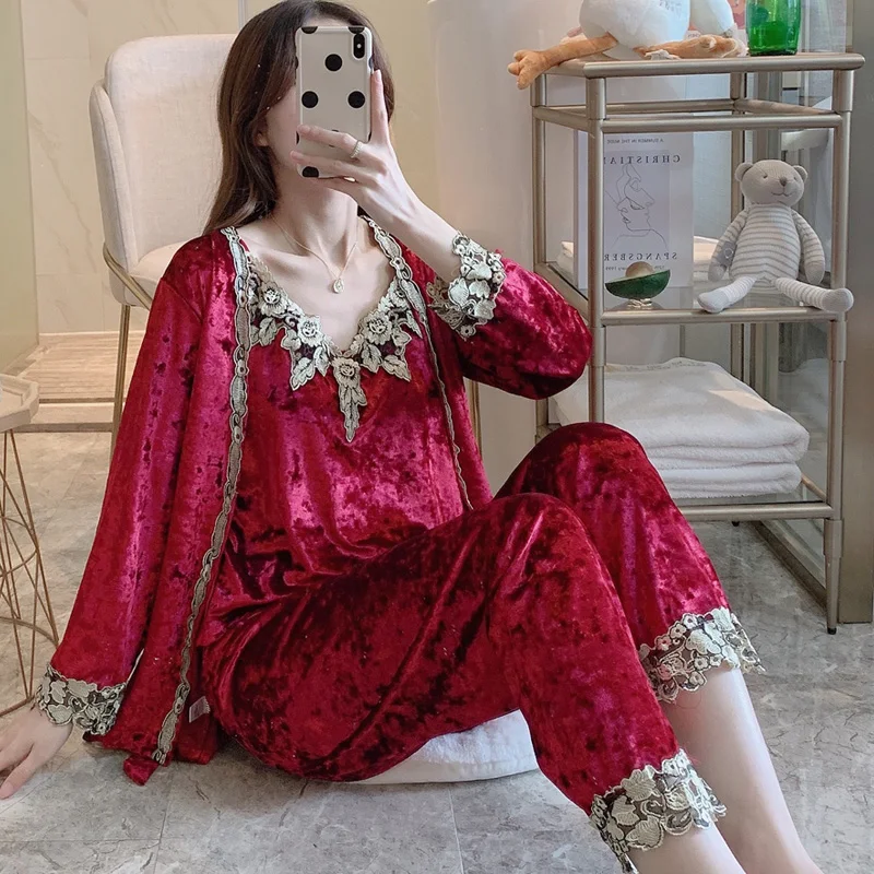 Осенне-зимний теплый пижамный комплект женская пижама бархатная Сексуальная