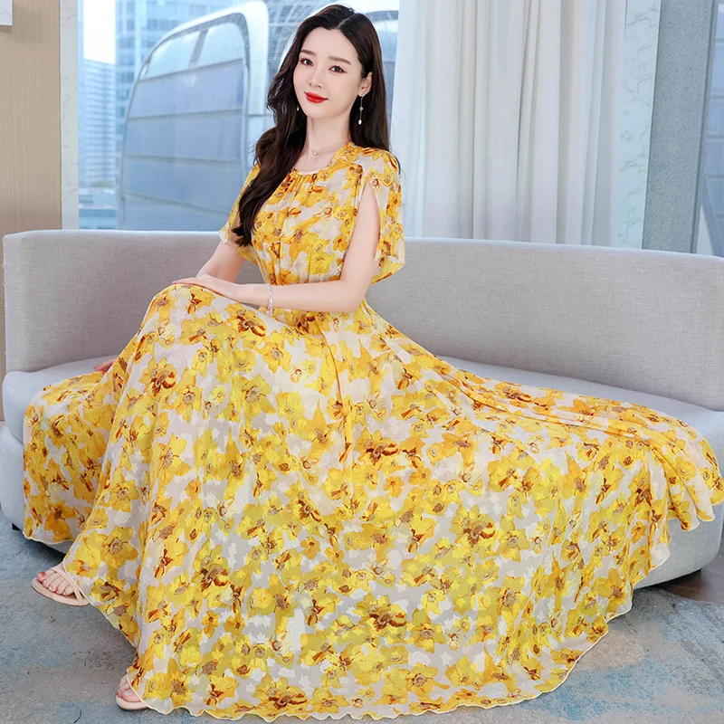 

Women Clothes For Summer 2023 Long Dress Vintage Chiffon O-Neck Blue Floral Boho Eleganti Evening Korean Party Dresses 4XL