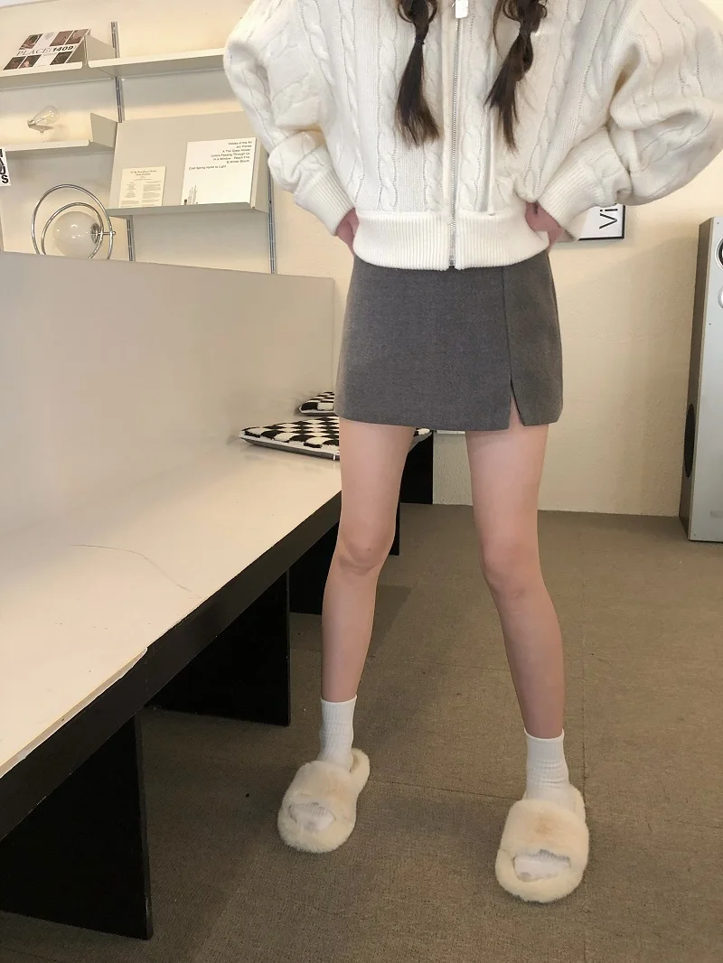 

Женская короткая юбка с высокой талией, Зимняя шерстяная юбка А-силуэта с разрезом, несколько цветов