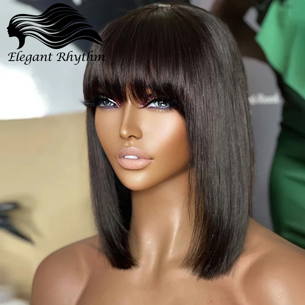 

Glueless Lace Short Bob Human Hair Wigs With Bang 180% Density Natural Bone Straight Brazilian Remy Human Hair Wigs with Fringes