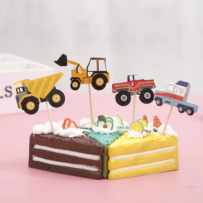 

24pcs Cartoon Car truck Excavators Cupcake Toppers Pick child boy Birthday Party wedding cake flag Decoration Supplies Kids Gift