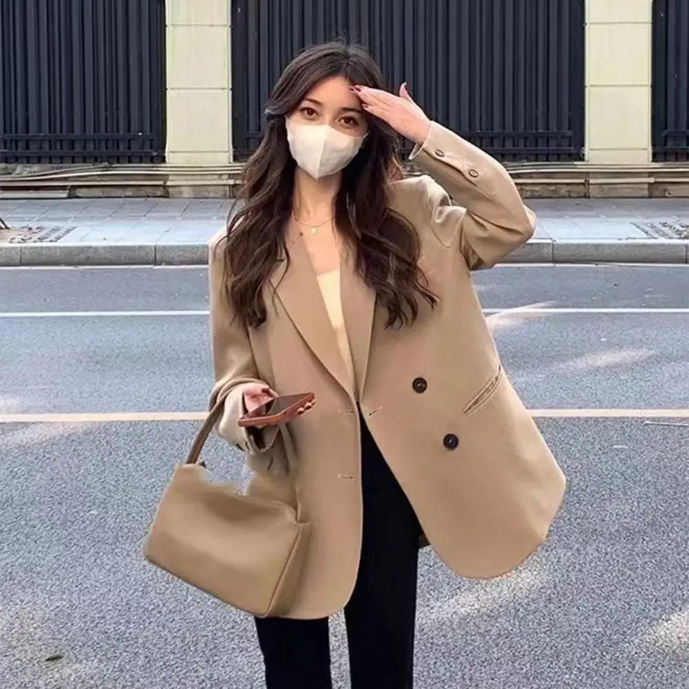 

Stylish Suit Coat Mid-Length Autumn Blazer Notched Collar Woman Buttons Placket Pure Color Temperament Casual Blazer Warm