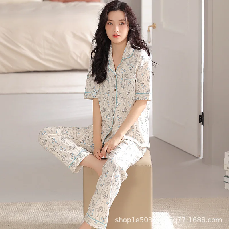 2023 New Pajamas for Women's Summer Thin Houndstooth Short-sleeved Trousers Soft Home Service Two-piece Suit Can Be Worn Outside
