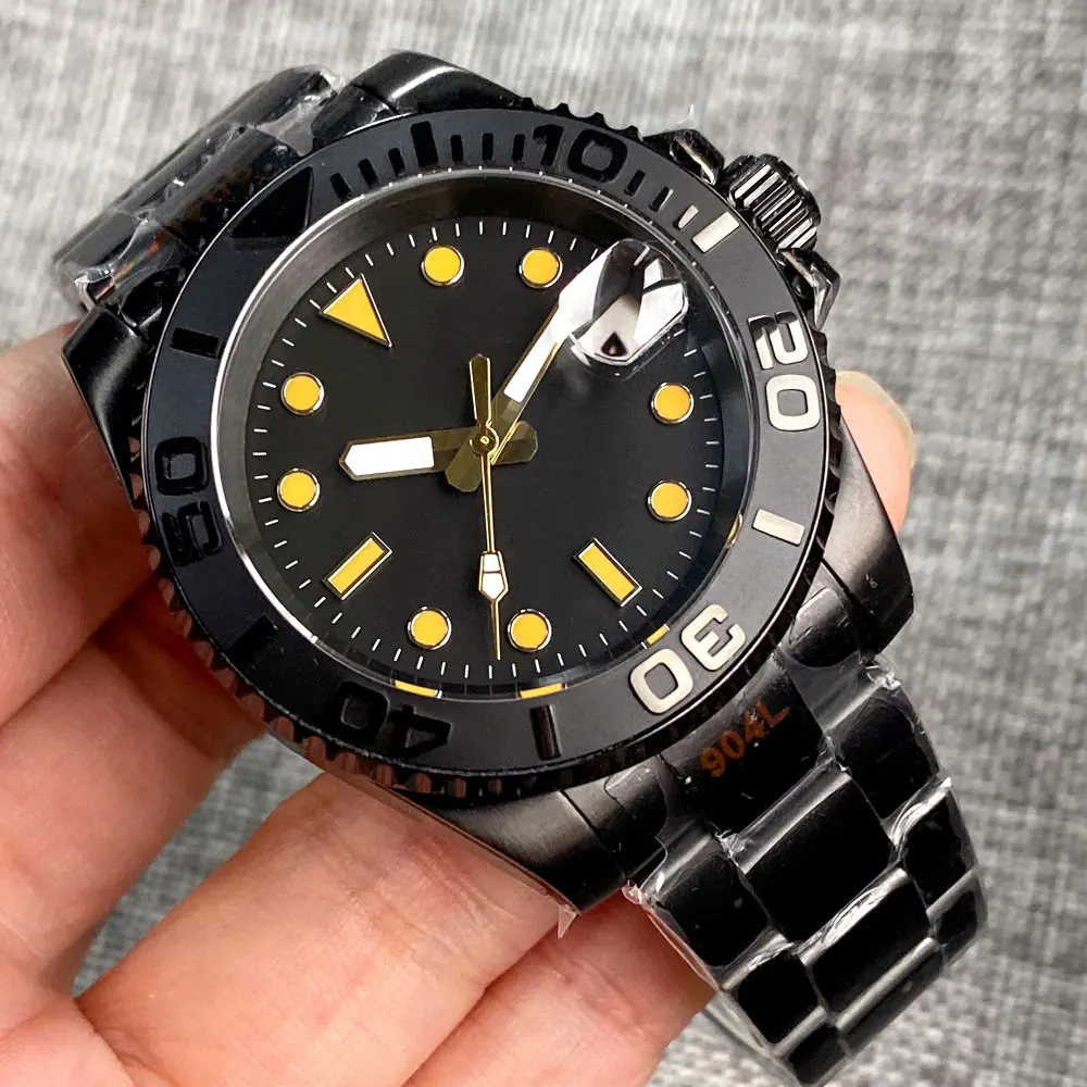 

BLIGER 40mm NH35A Black PVD Yellow Marks Automatic Men Luxury Diving Watch Date Lume Ceramic Bezel Date Glass Back Screw Down