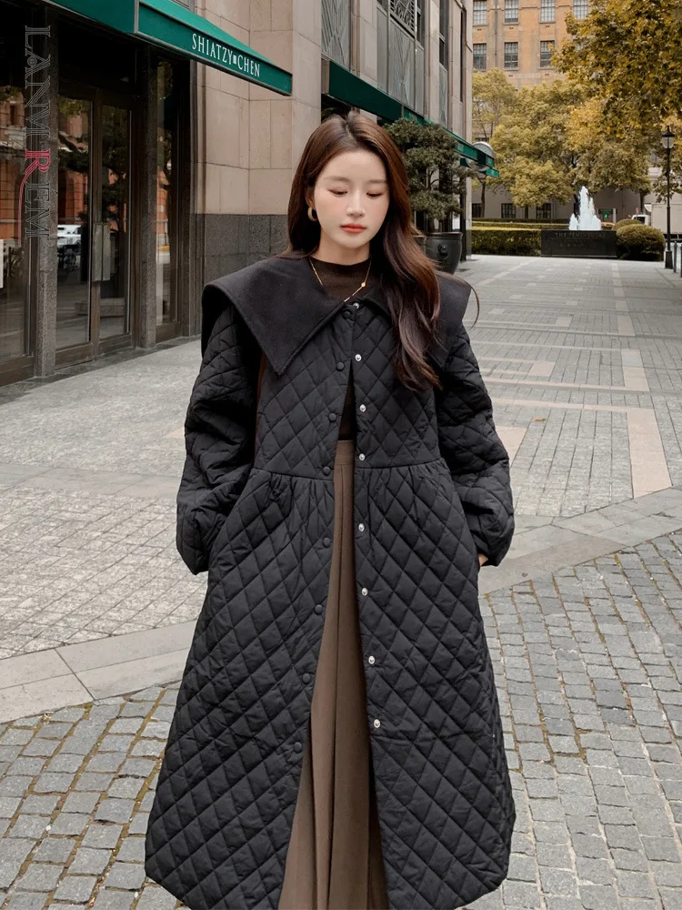 

LANMREM женское хлопковое Стеганое пальто 2022 зима новый дизайн лацканы с длинным рукавом однобортные свободные черные теплые парки 2WA104