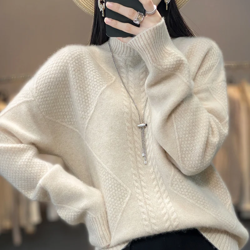 Autumn Winter New Thickened Women's Knitted Half High Collar Twisted 100% Pure Woolen Shirt with Loose and Versatile Underlay