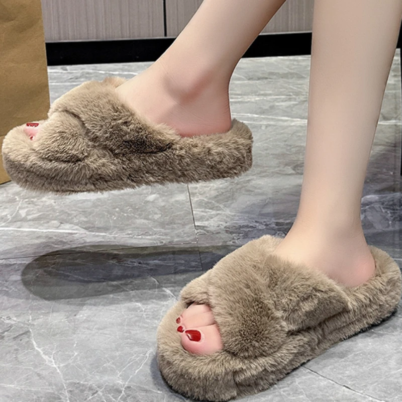 

2023 High Quality Shoes for Women Winter Warm Concise Women's Slippers Solid Color Flock Thong Open Toe Low-heeled Shoes Women