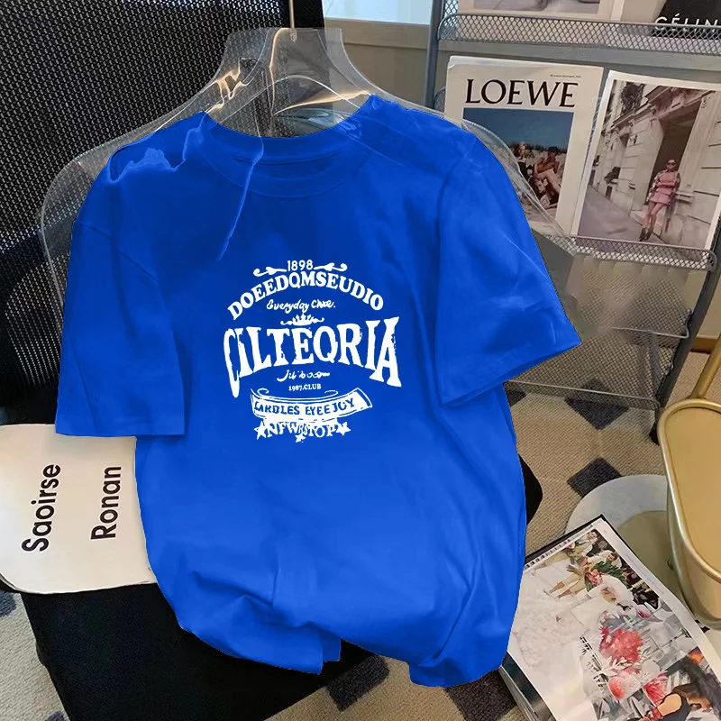 

Korean version round neck short sleeved T-shirt large loose fitting fashionable letter cartoon printed men's and women's top