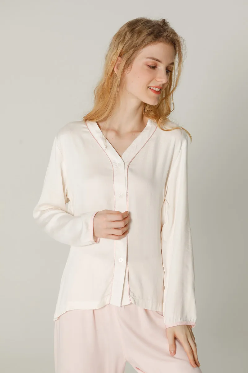 Design Satin Pajamas Set for Women Cotton Solid Fashion V-neck Long Sleeve Single-breasted Top Casual Trouser Woman Loungewear