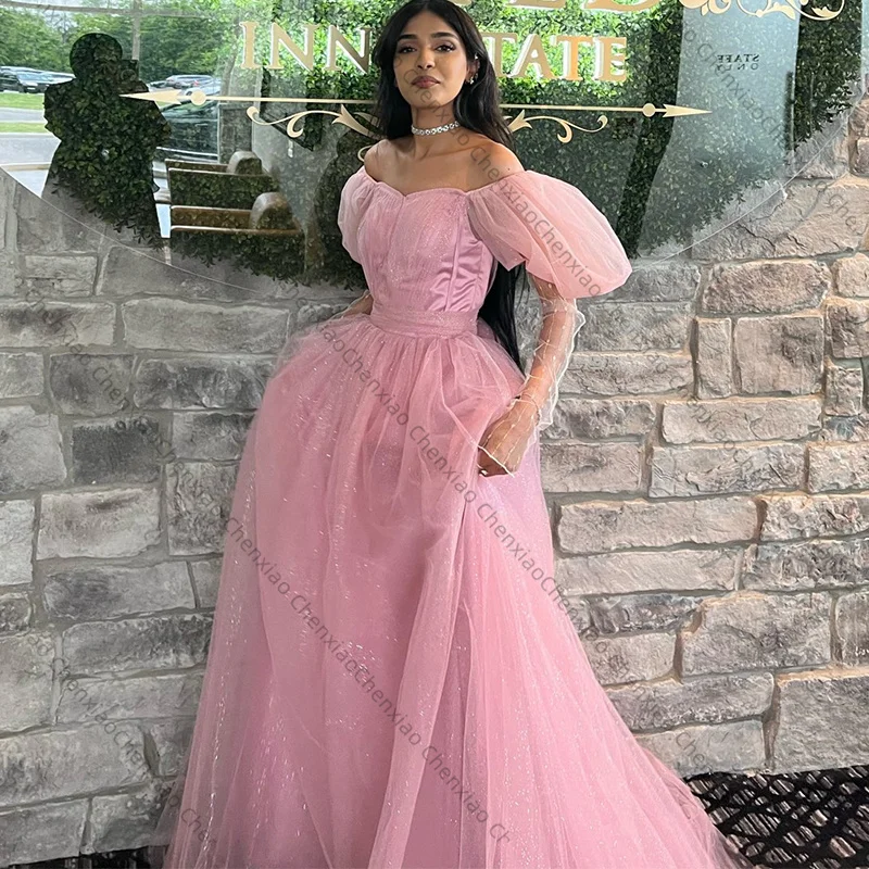 

Elegant Tulle Pink Prom Dresses A-Line Evening Dress Long Puff Sleeves Party Dresses Court Train illusion Slit Custom Size