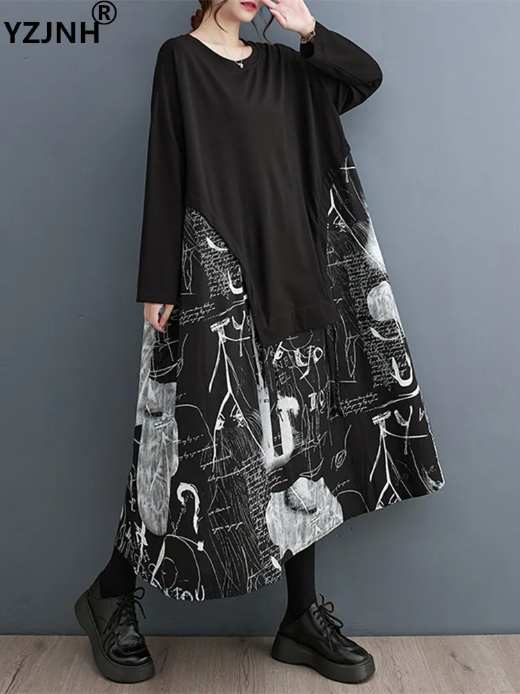 

YZJNH 2023 Autumn Long Dress Women's Korean Loose and Fashionable Patchwork Medium Long Art Retro Large Size Dress Women
