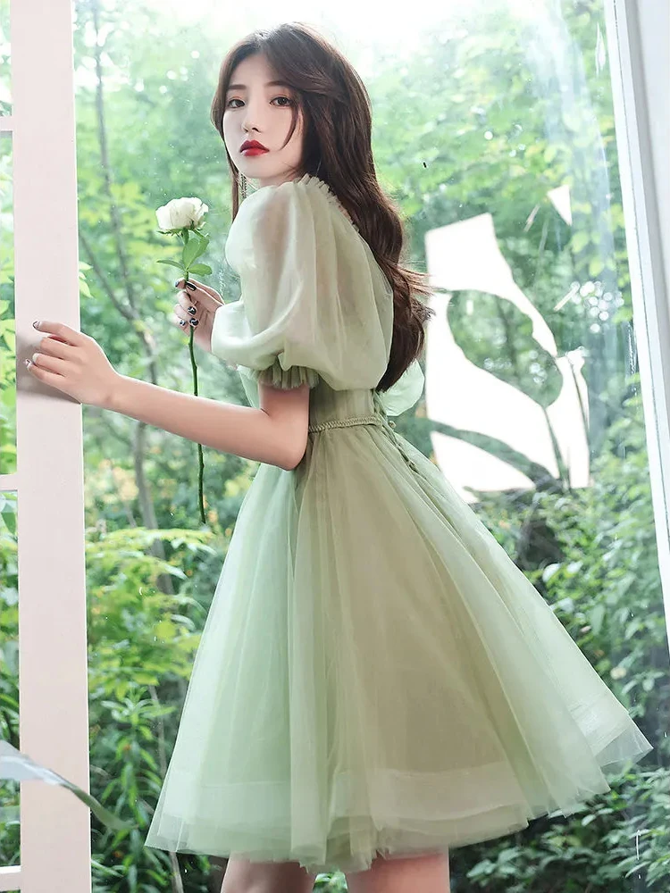 

Puff Sleeve Green Princess Dress Women 2022 New Evening Dress Short Skirt Temperament Slim High-End Elegant Dress Female Summer