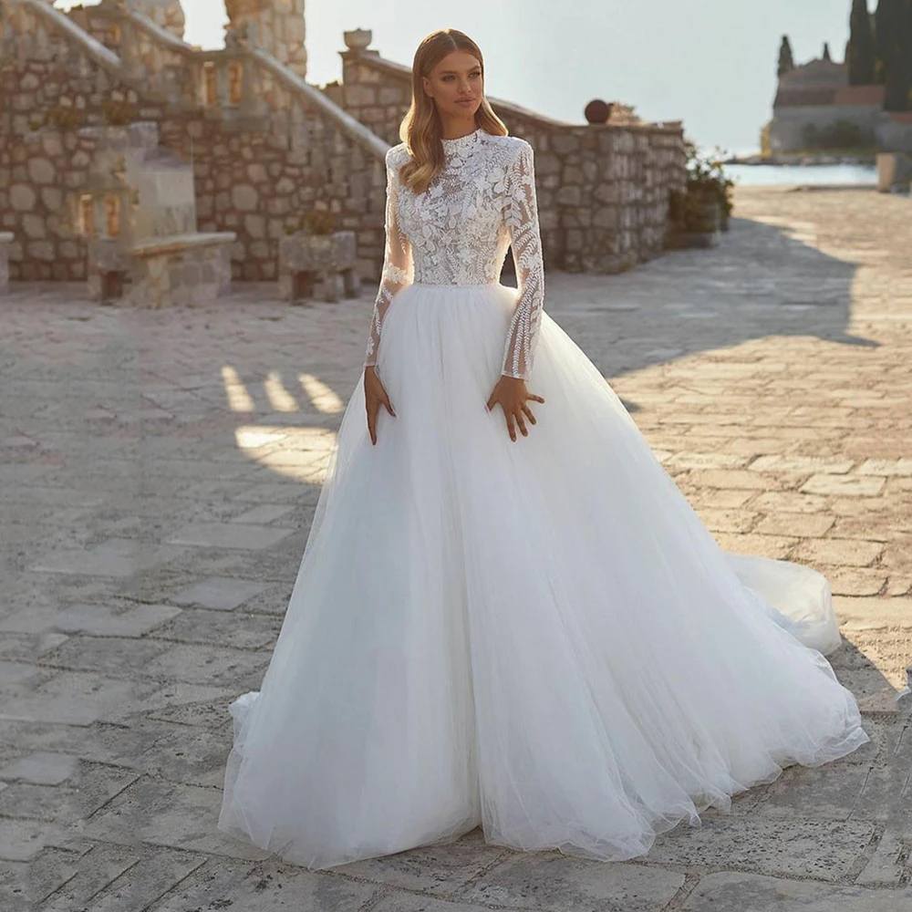 2023 Grace Pretty Luxury Princess Abiti Da Sposa Modesto O Collo Maniche Lunghe Abiti Da Sposa Musulmani Abito Da Sposa Vestidos De Novia