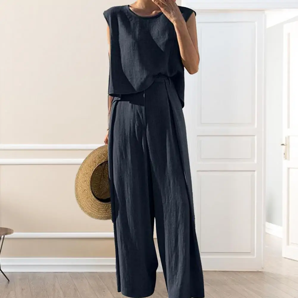 

Women Tops Pants Set 2 Pcs/Set Full Length Pants Pullover Crew Necks Loose Sleeveless Trousers Suit Female Clothes