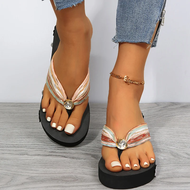 

Женские босоножки с кристаллами, летние сандалии на плоской подошве, пляжные классические повседневные шлепанцы, 2023