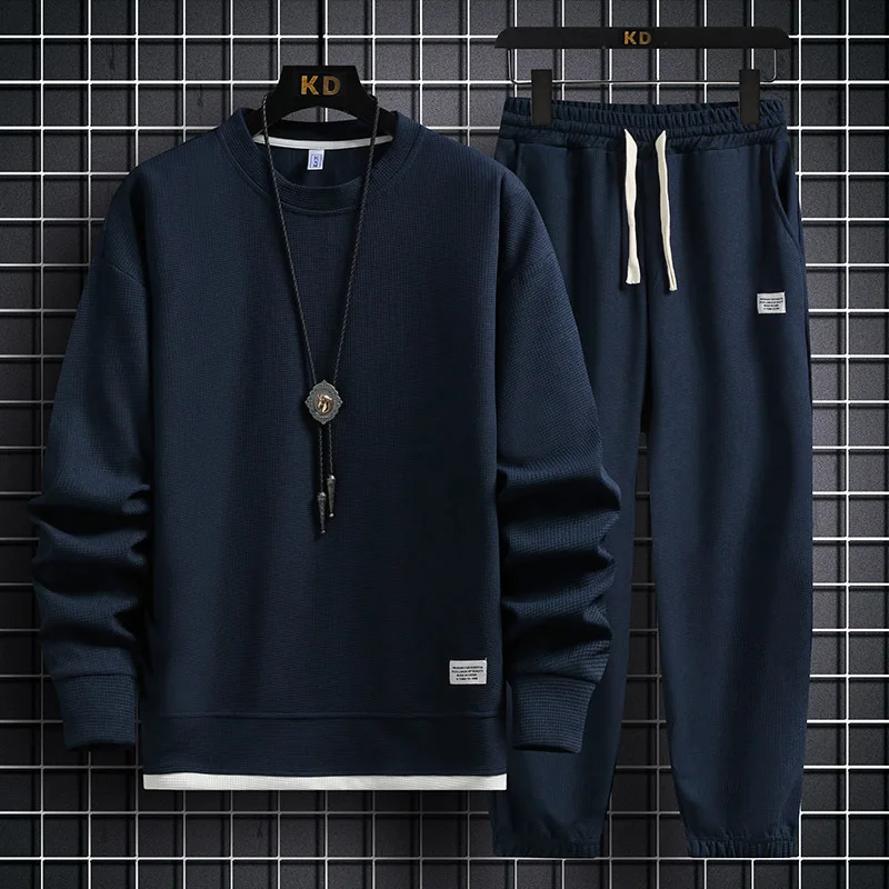 Spring 2023 New round Neck Waffle Sweater Suit Men's Loose Fashion Casual Pants Sports Two-Piece Long-Sleeved Trousers