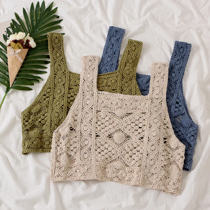 

Summer New Women's Lace Hollow Sling Island Vacation Wear Straight Vest Travel Wear Ultra Short Sling