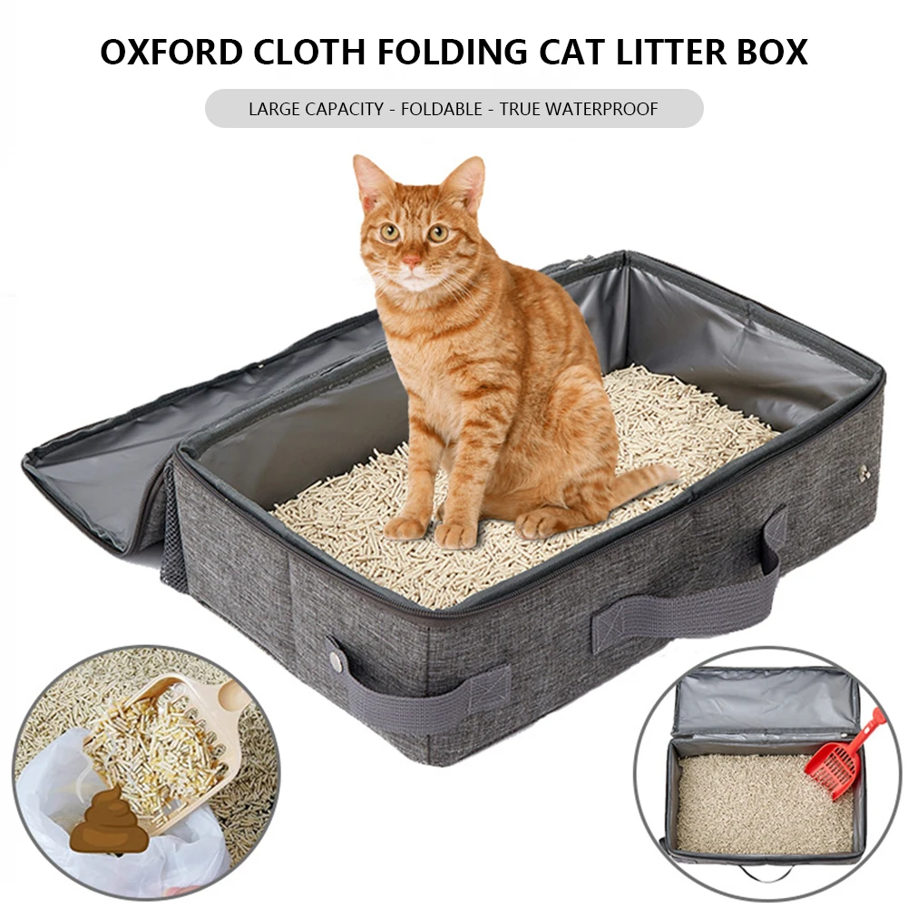 

Portable Foldable Cat Litter Box Oxford Cloth Outdoor Collapsible Kitten Puppy Toilets Waterproof Travel Litter Box with Shovel