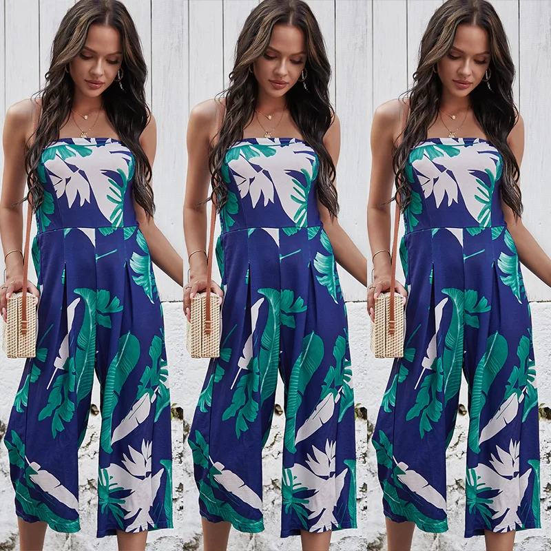 Women Sexy Strapless Jumpsuit Digital Printing Wide Leg Pants Loose Summer Thin Cool Breathable Romper Beach Holiday Party
