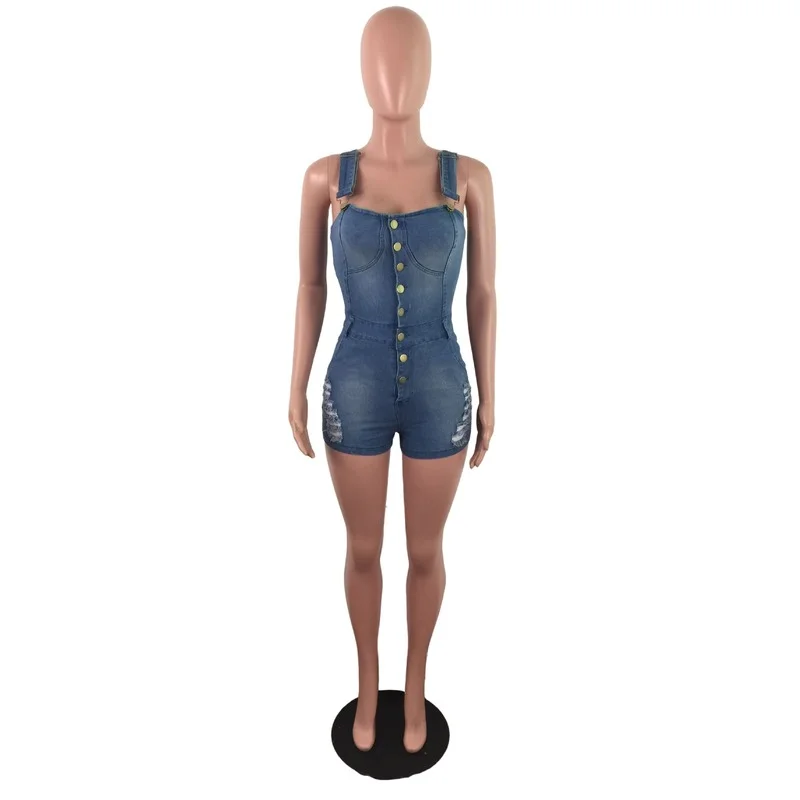 Slim Thin Sling Sleeveless Skinny Jumpsuits Women White Spray Hole Hollow Out Playsuits Denim Shorts Female Outfit OL One Piece