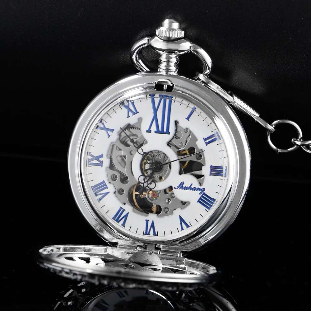 Silver Carved Hollow Mechanical Men's Watch Double Sided Roman Dial Clock Handwind Pocket Watch with FOB Chain Gift PJX1534