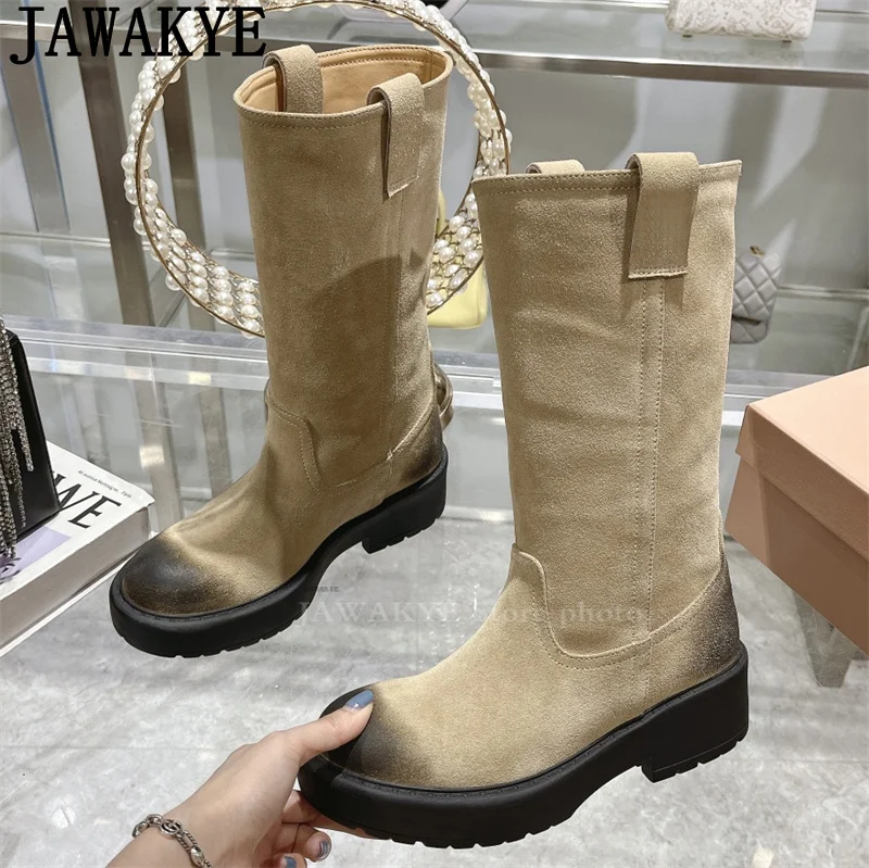 Замшевые Кожаные Сапоги до колена с круглым носком на толстой подошве женские