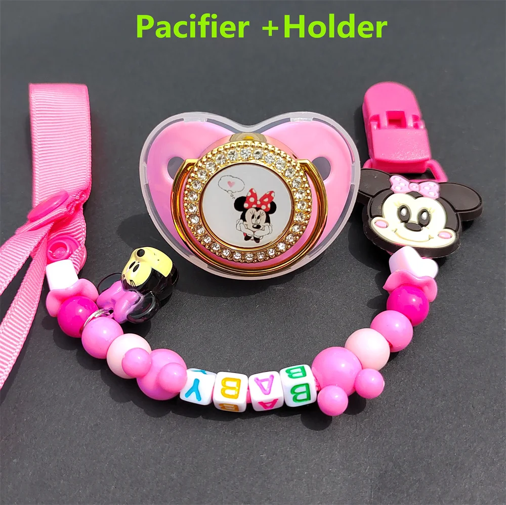 

Newborn pacifier luxury pink baby pacifier with chain clip disney themed dummy birthday gift pacifier 0-18 months chupetes para