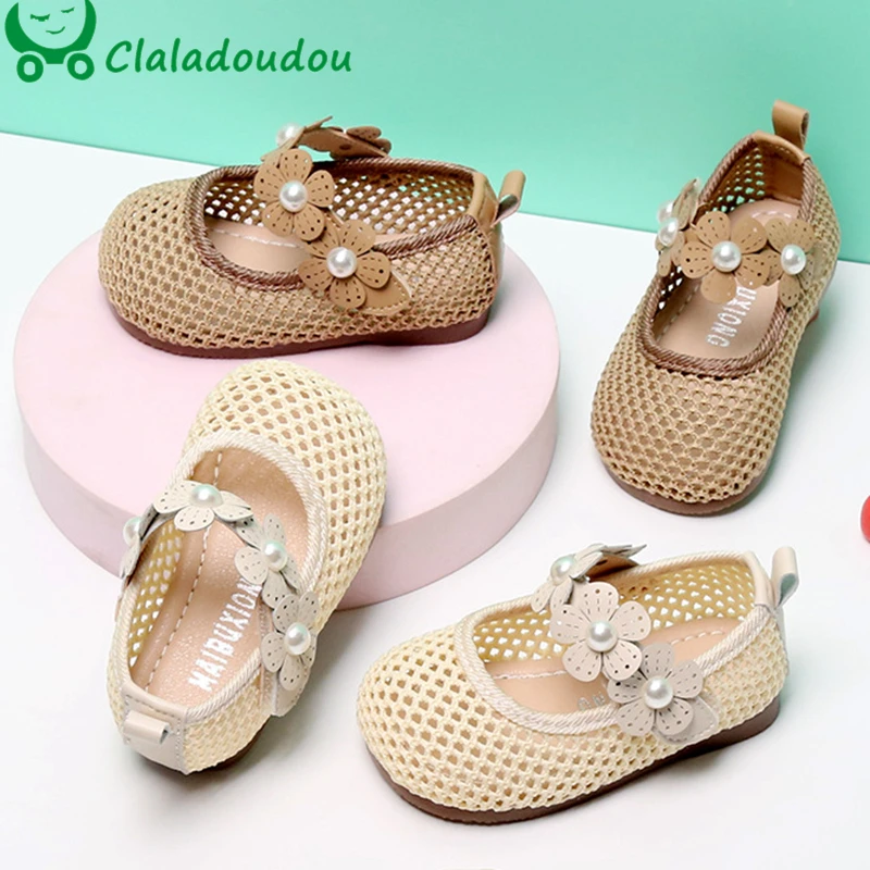 

12-15.5cm Brand Hollow Baby Girls Spring Shoes Solid Cute Flower Pearls Toddler Little Princess Dress Shoes For Summer Flats