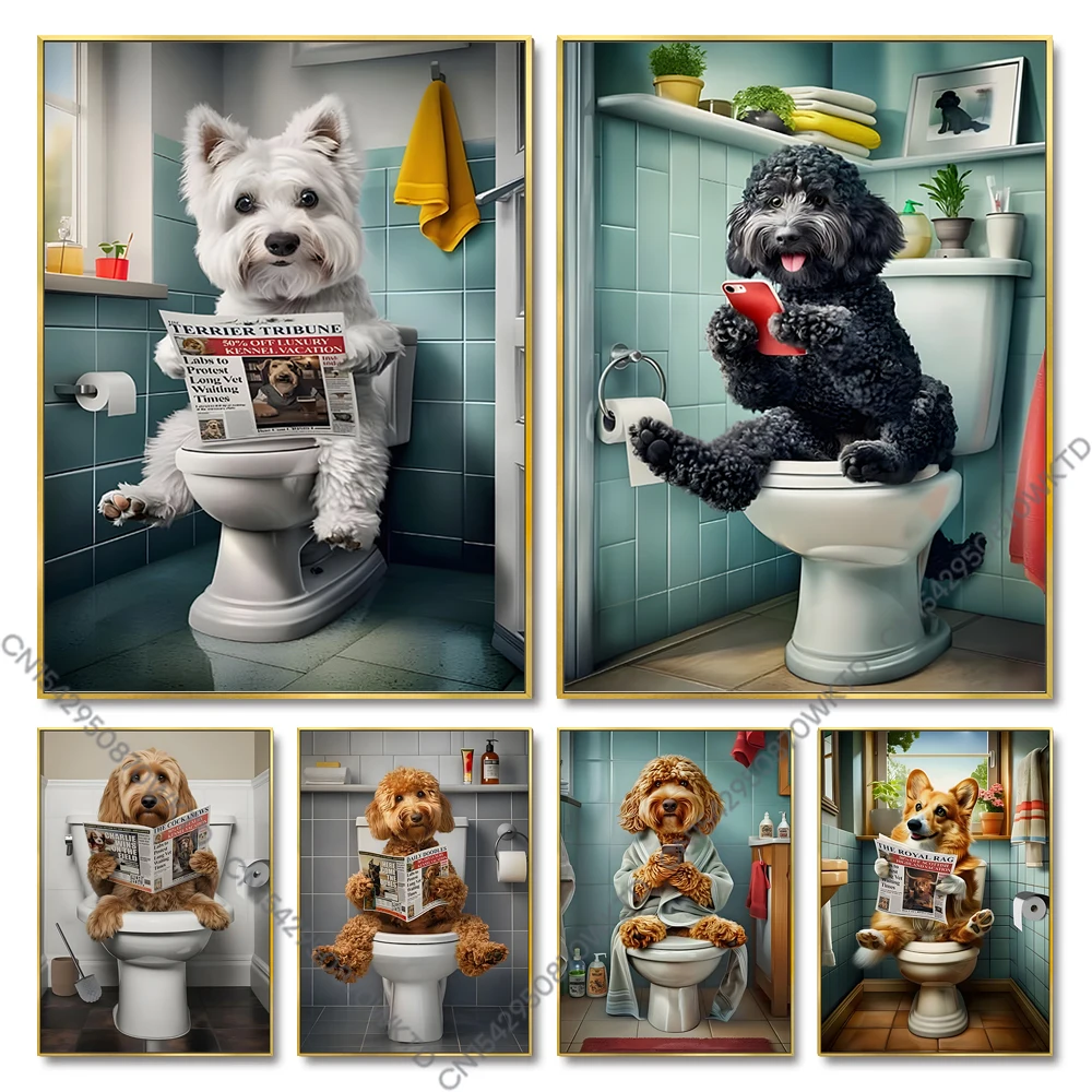 Забавная милая собака сидящая на туалете газета для чтения плакат принты
