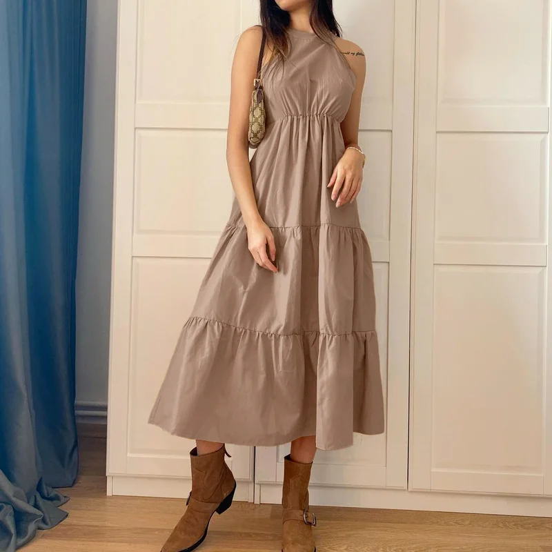 

Khaki Strapless A-line Skirt Halter Beach Holiday Halter Lace-up Casual Dress Black Summer Large Swing Mid-length Dress Cotton