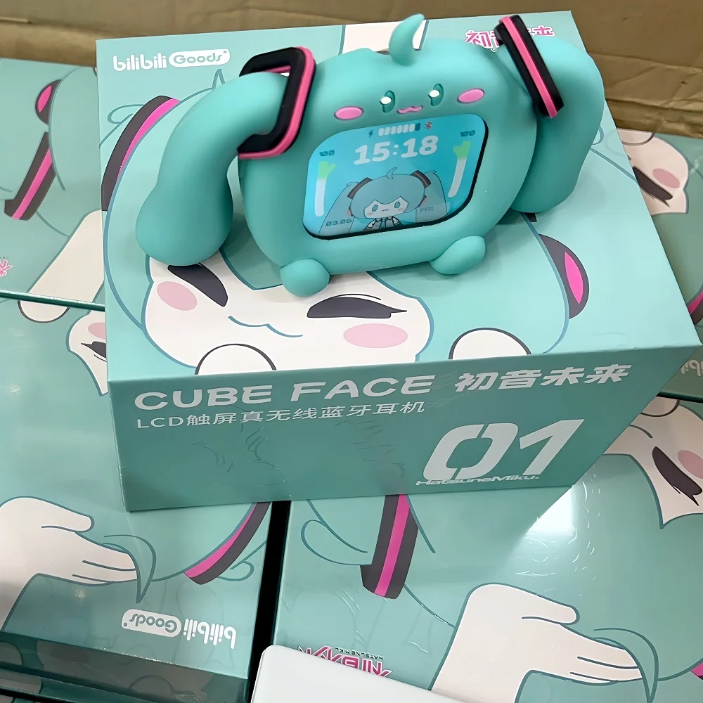 Фото Новинка на складе, оригинальные беспроводные Bluetooth-наушники Hatsune Miku, кубическое лицо, ЖК-сенсорный экран, беспроводные Bluetooth-наушники, подарки №3