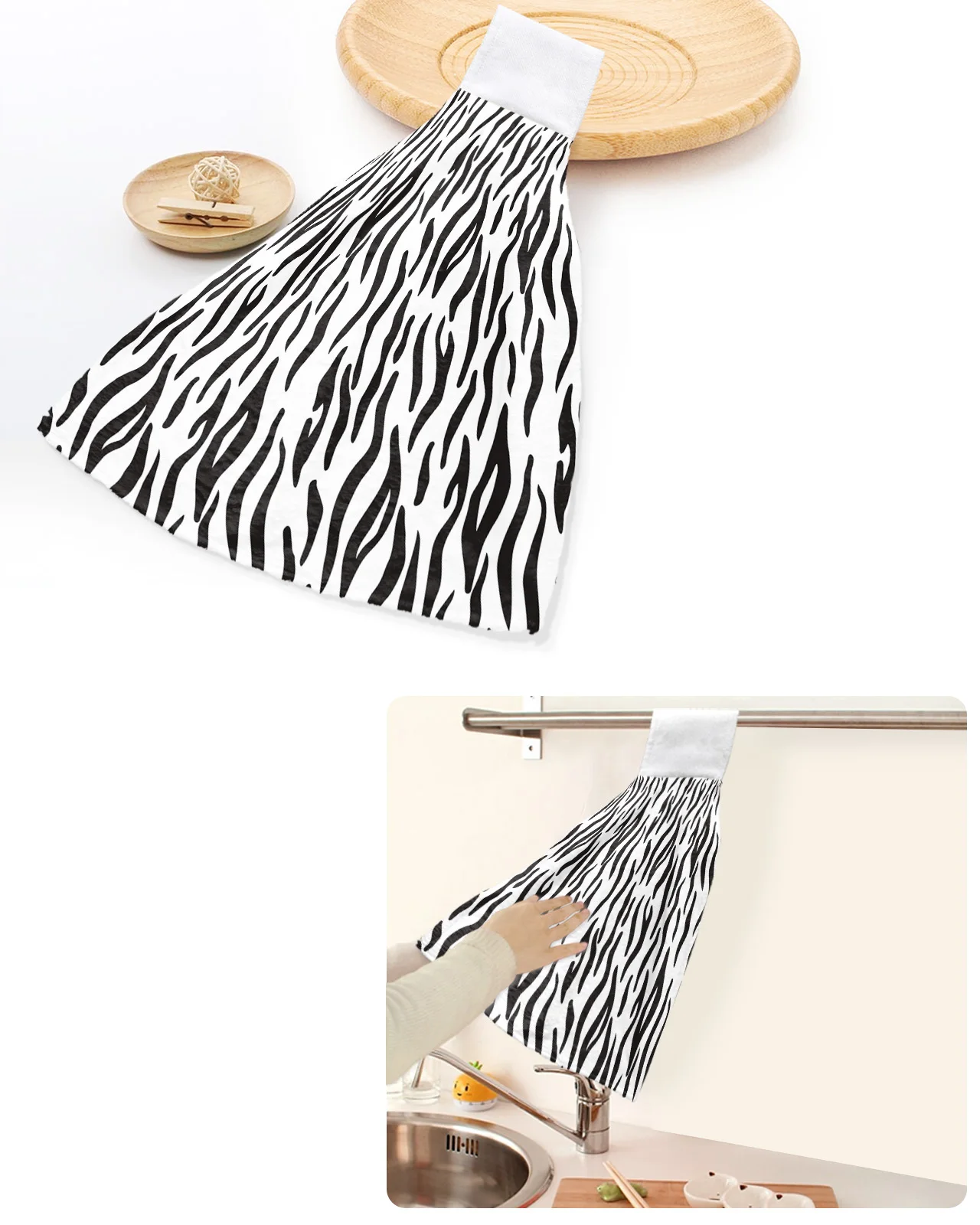 

Animal Skin Texture Zebra Black White Hand Towels Home Kitchen Bathroom Hanging Dishcloths Loops Absorbent Custom Wipe Towel