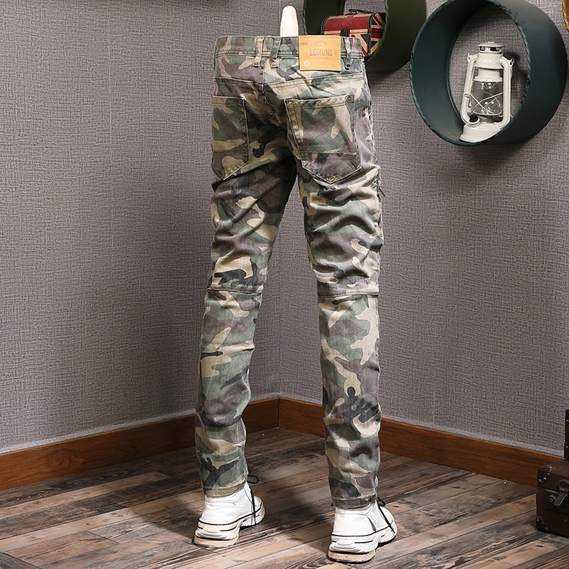 Fashion Streetwear Men Jeans Spliced Designer Stretch Slim Fit Biker Jeans Homme Hip Hop Pants Men Camouflage Military Trousers