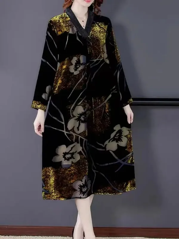 

Dress Spring and Autumn Large Size New Women's Fashion Temperament Long Sleeve Loose Doll Collar A Word Thin Gold Velvet Dress