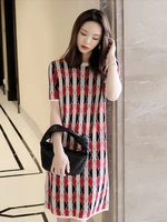 summer ice silk knit dress women color contrast geometric jacquard short sleeved straight dress casual breathable short sleeve
