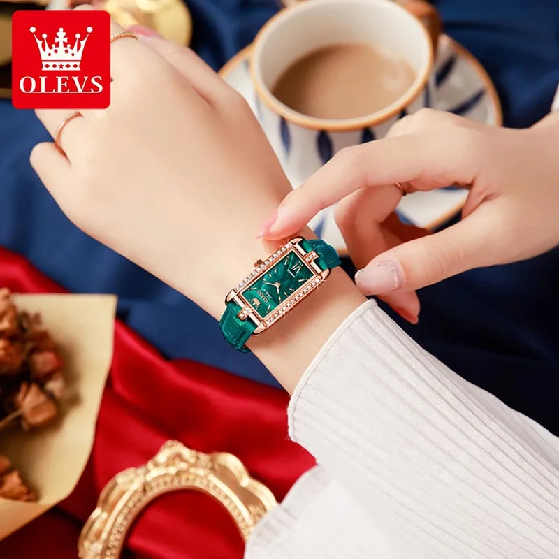 OLEVS 2023 New High Quality Classic Vintage Women Belt Quartz Square Green Quartz Watch Luxury Womens Watches Waterproof 6623