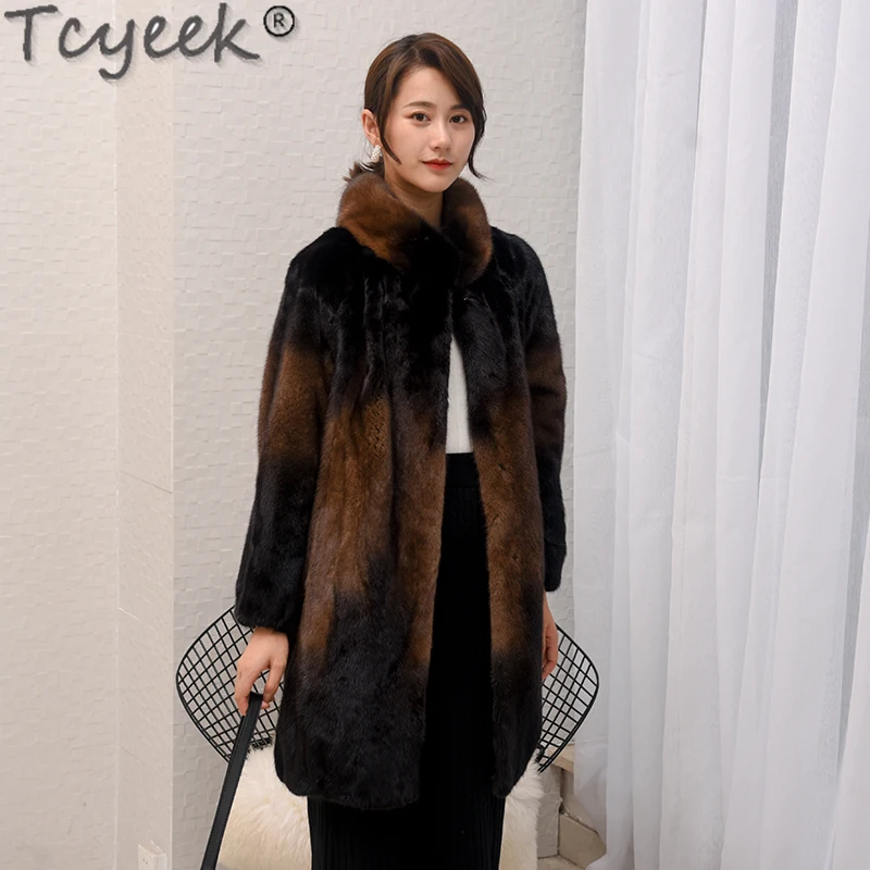 Куртка Tcyeek 23 средней длины теплая из натурального меха женская зимняя 100% пальто