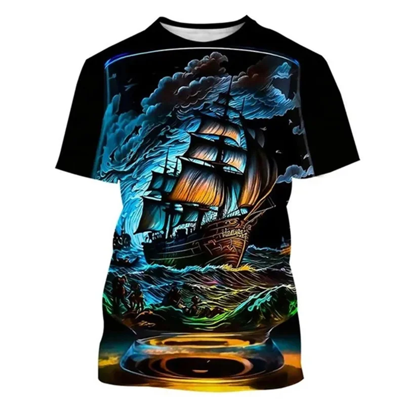 

Винтажная футболка с парусником, мужские футболки с 3D-принтом графики, Повседневная Уличная свободная футболка большого размера с коротким рукавом, модная одежда