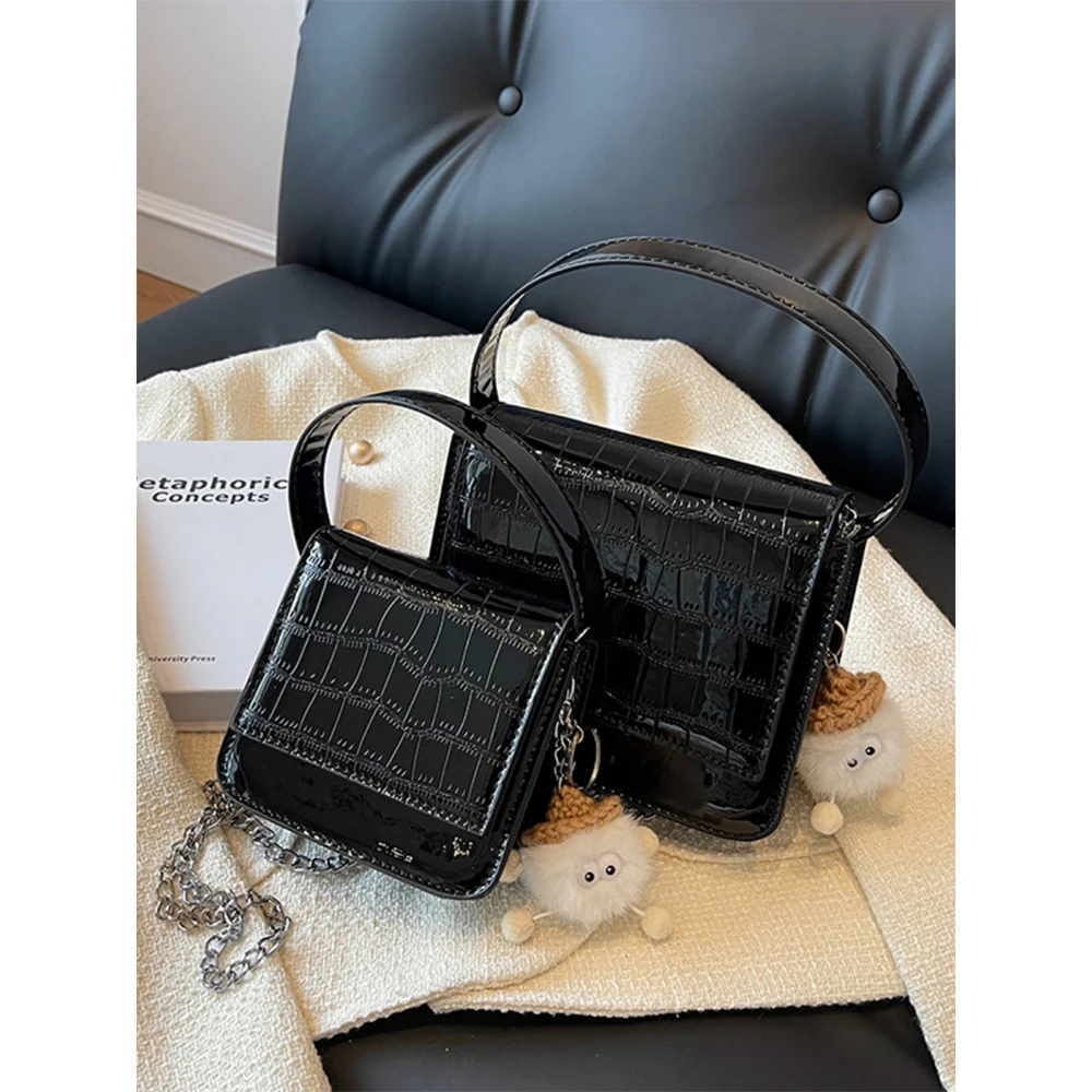 

Fashion Women Mini Handle Bags Stone Print Square Flap Patent Pu Chain Shoulder Bags Female Casual Shopping Crossbody Pack