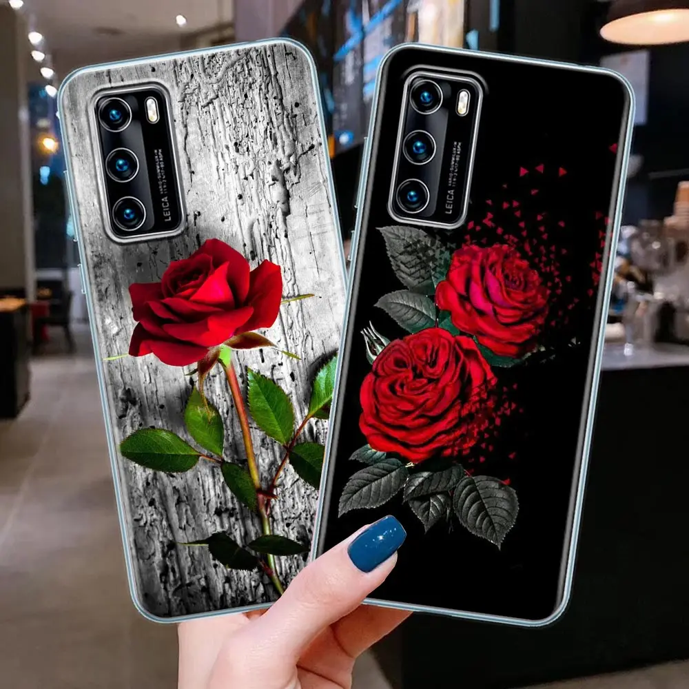 

Clear Phone Case for Huawei P20 P30 P40 Plus Lite 4G P50 Pro P Smart Z 2019 Soft Silicone Cover Red Rose Flower