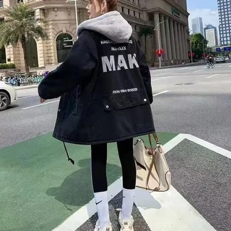 

Padded Thick Denim Jacket 2022 Winter New Casual Korean Fashion Hooded Long Paragraph Large Size Cotton Warm Letter Print Coat