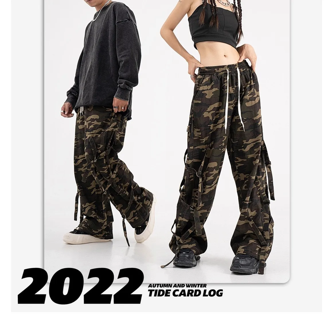 Camouflage overalls American retro elastic waist drawstring lovers casual ribbon hip hop wide leg pants
