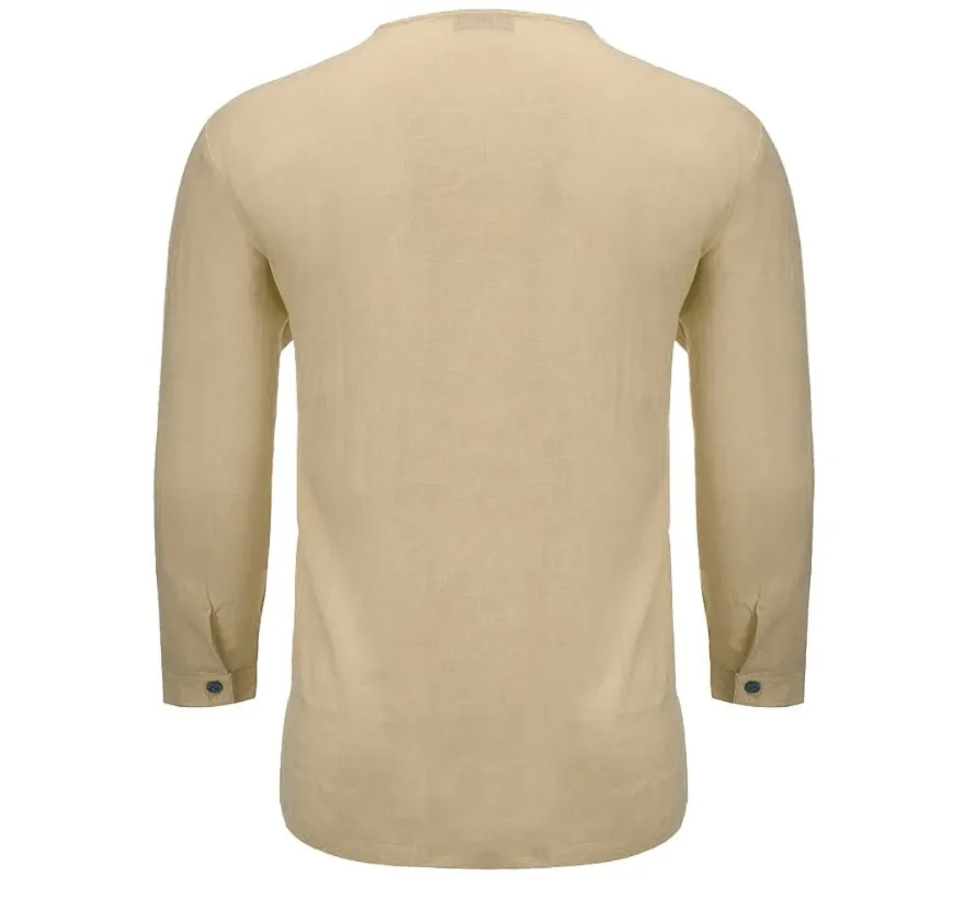 2022 New Men's V Neck Cotton Linen T Shirts Male Breathable Solid Color Long Sleeve Casual Loose Linen T-Shirt Tops M-4XL