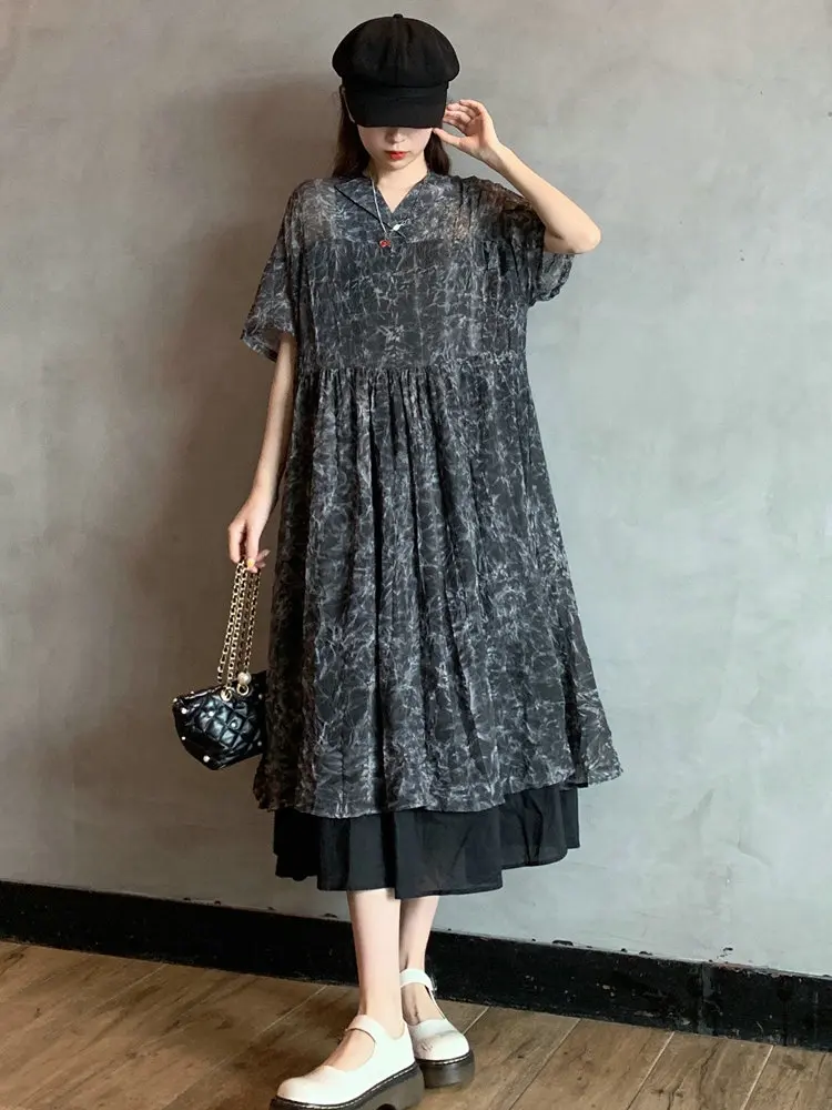

Summer Women Black Print Chiffon Layered Dresses Short Sleeve Calf Length Loose Fitting One Piece Robe Female Casual Cozy Dress