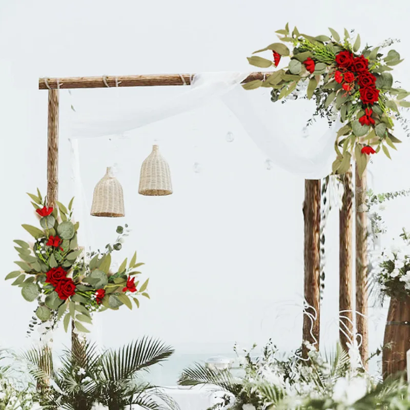 

2pcs Artificial Flowers Wine Red Wedding Backdrop Wreath Decor Welcome Card Sign Corner Wall Props Arrange Arch Fake Flower Row