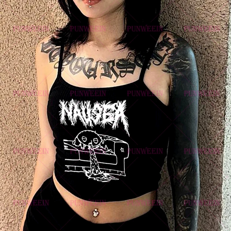 Фото Dark Nausea милая панк Y2k 90-х годов Harajuku майка без рукавов металлическая готическая графика эмо девушка винтажная уличная одежда сексуальный тонкий топ №1