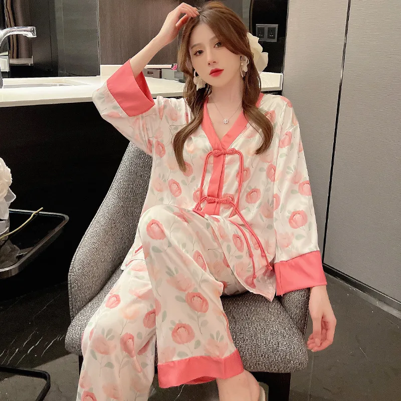 2023 Spring Ice Silk Pajamas Women's Long-Sleeved National Style Buckle Pajamas Suit High-Grade Internet Celebrity Homewear